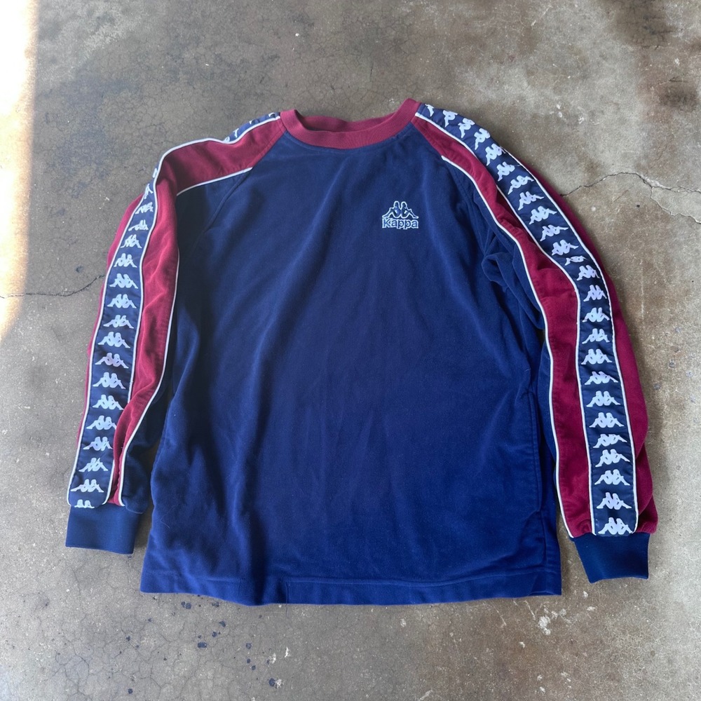 Kappa Velour Sweatshirt Mens Medium Blue Excellent Logo Tape Side Pockets